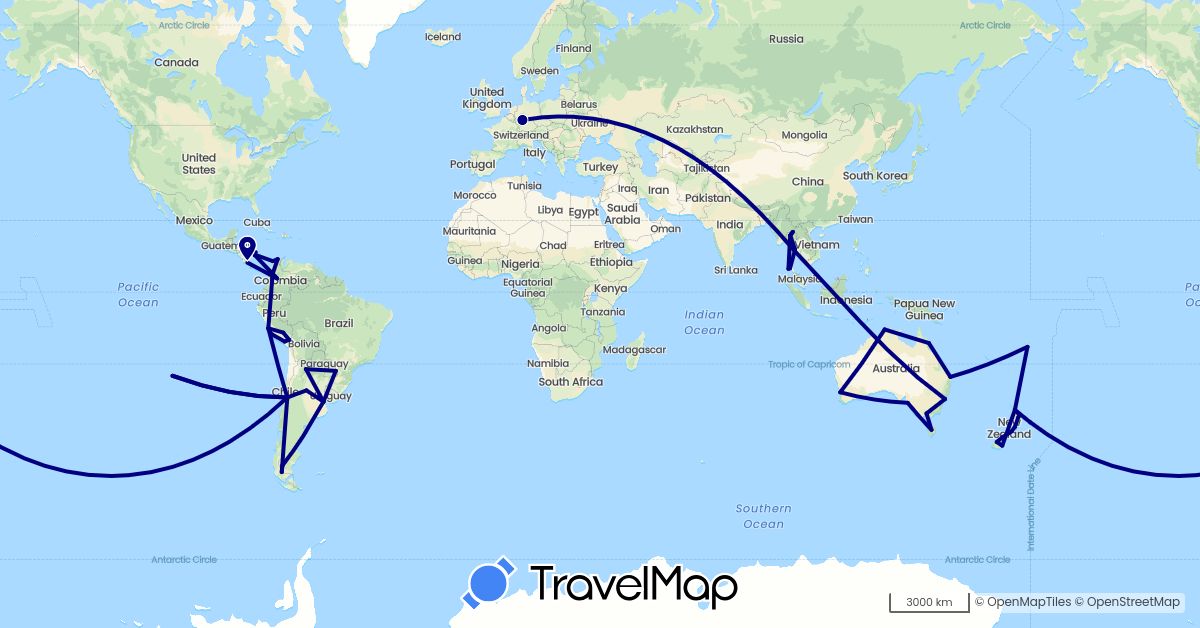 TravelMap itinerary: driving in Argentina, Australia, Chile, Colombia, Costa Rica, Germany, Fiji, New Zealand, Peru, Thailand (Asia, Europe, North America, Oceania, South America)