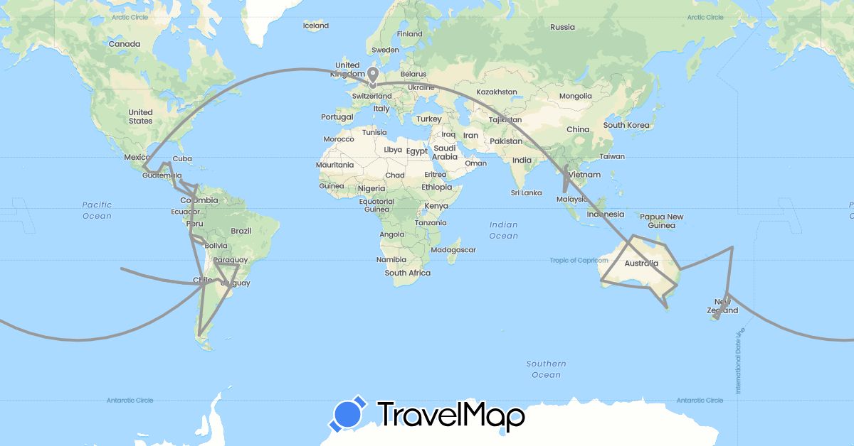 TravelMap itinerary: driving, plane in Argentina, Australia, Chile, Colombia, Costa Rica, Germany, Fiji, Mexico, New Zealand, Peru, Thailand, Uruguay (Asia, Europe, North America, Oceania, South America)